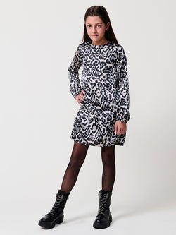 Schwarzes Satin-Mädchenkleid mit Animal-Print - Koroshi 2525VS01 Ansicht 1