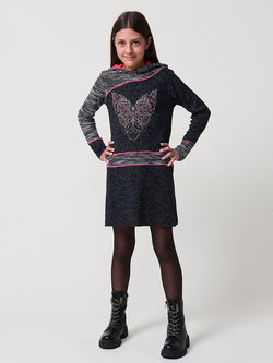 Robe fille noire en maille à capuche brodée de papillons - Koroshi 2525VS03 vue 1