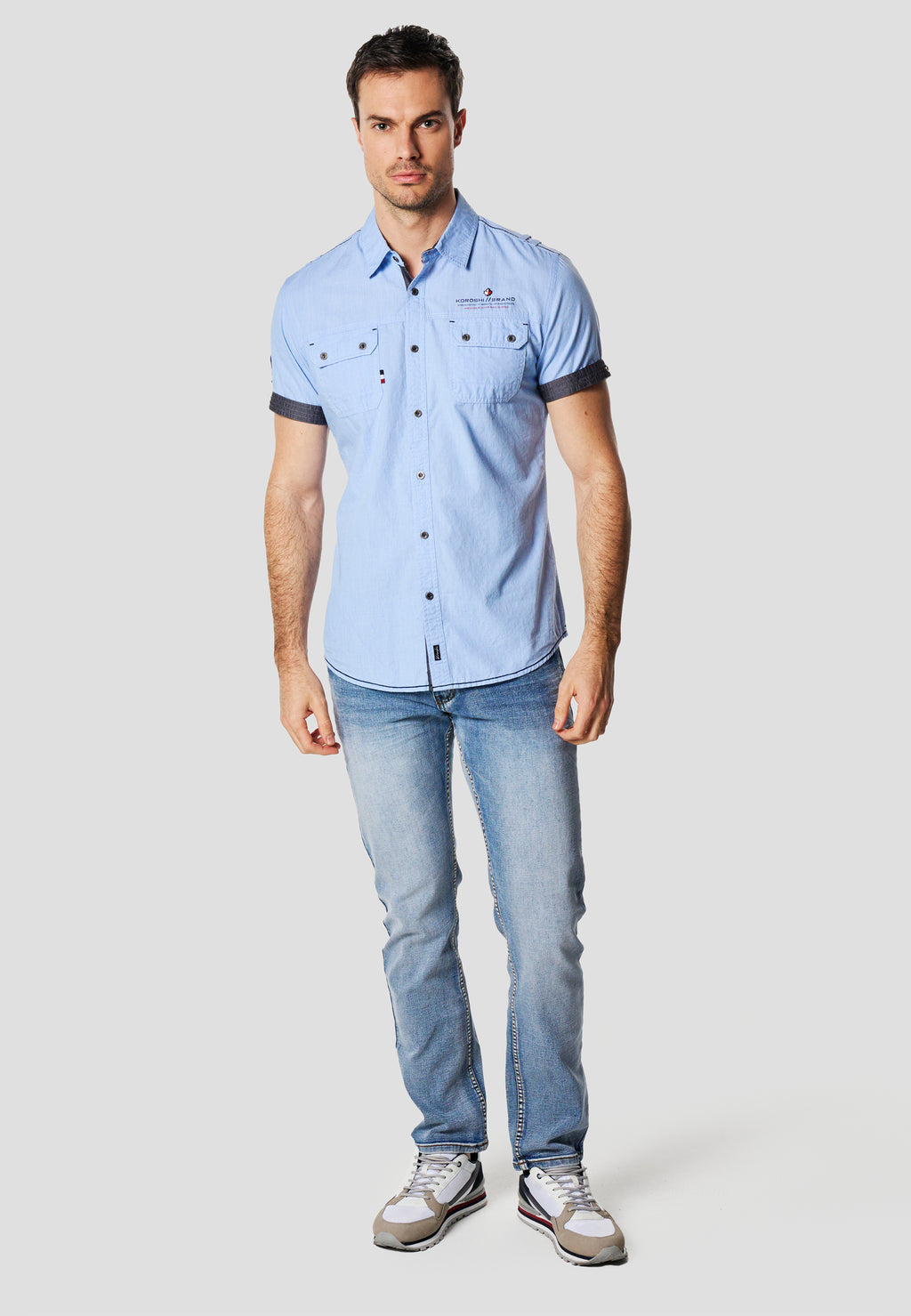 Camisa màniga curta multipockets popelín nàutic home blau - Koroshi 2611CC01