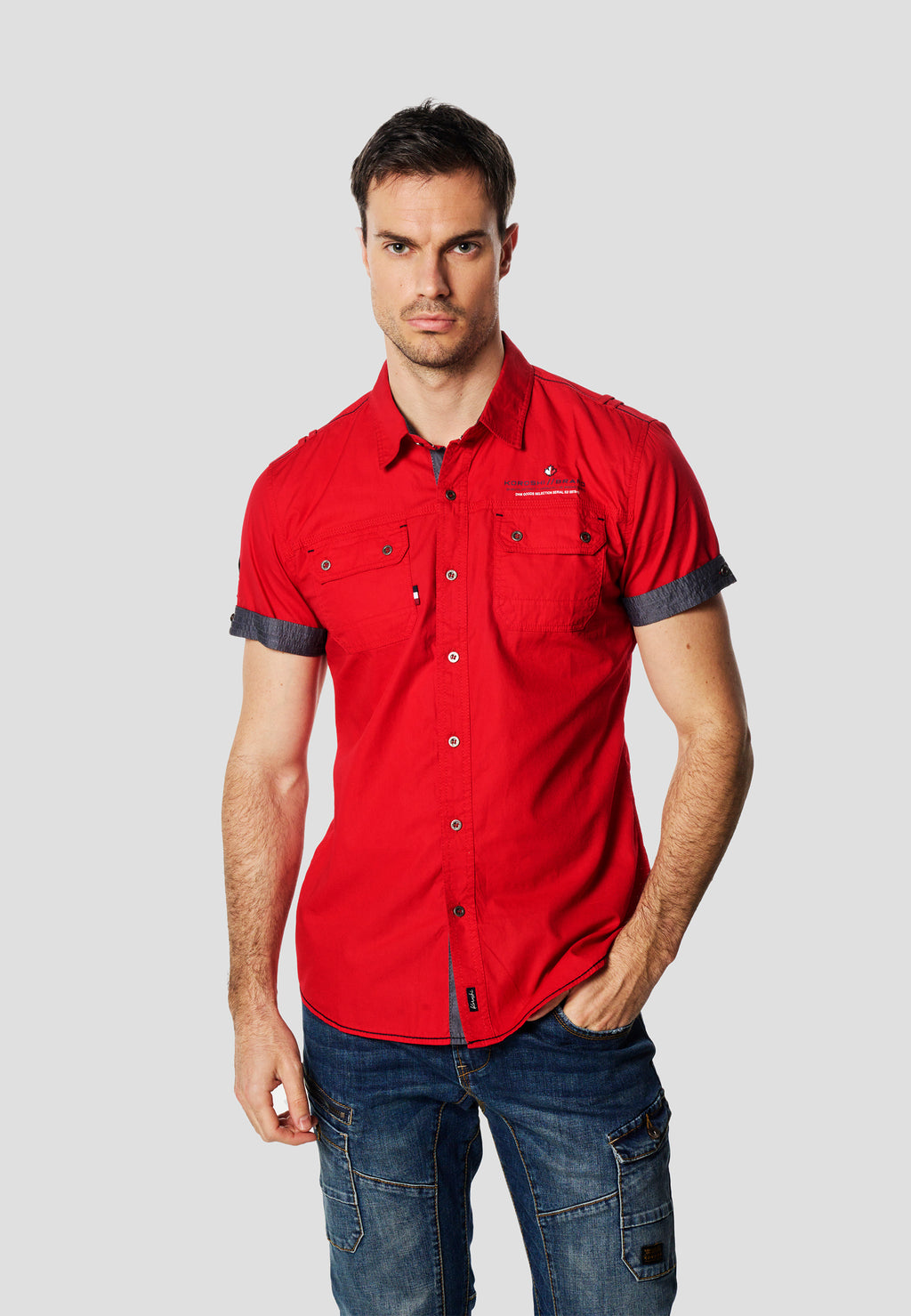Red men's nautical poplin multipocket short sleeve shirt - Koroshi 2611CC01