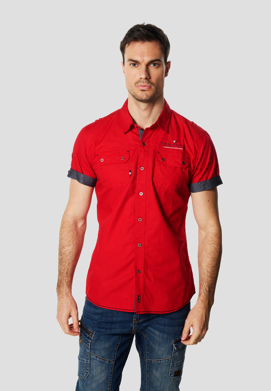 Red men's nautical poplin multipocket short sleeve shirt - Koroshi 2611CC01