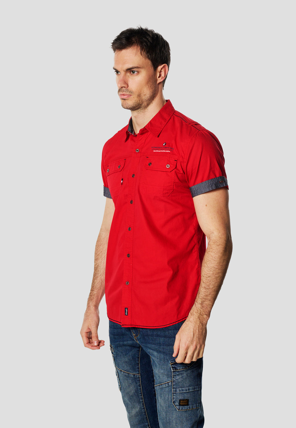 Red men's nautical poplin multipocket short sleeve shirt - Koroshi 2611CC01