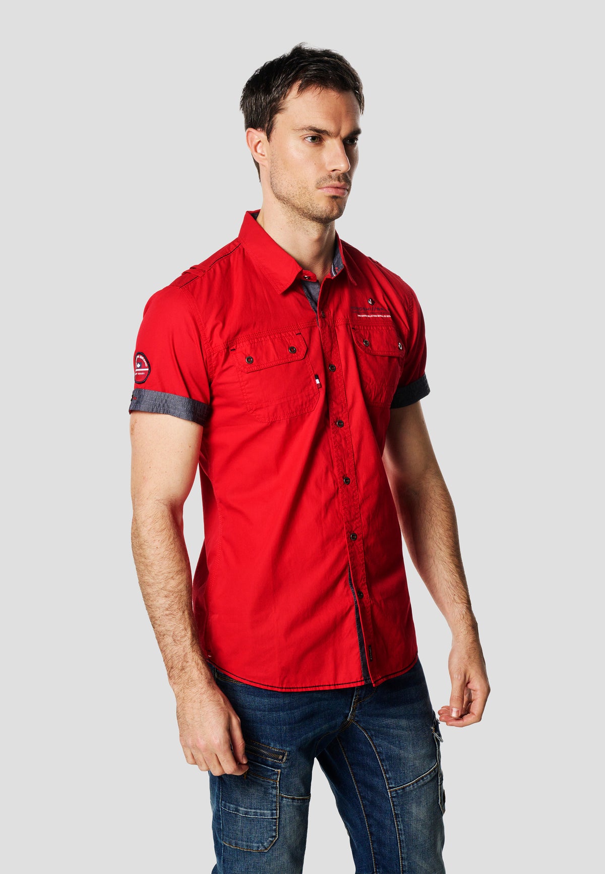 Red men's nautical poplin multipocket short sleeve shirt - Koroshi 2611CC01