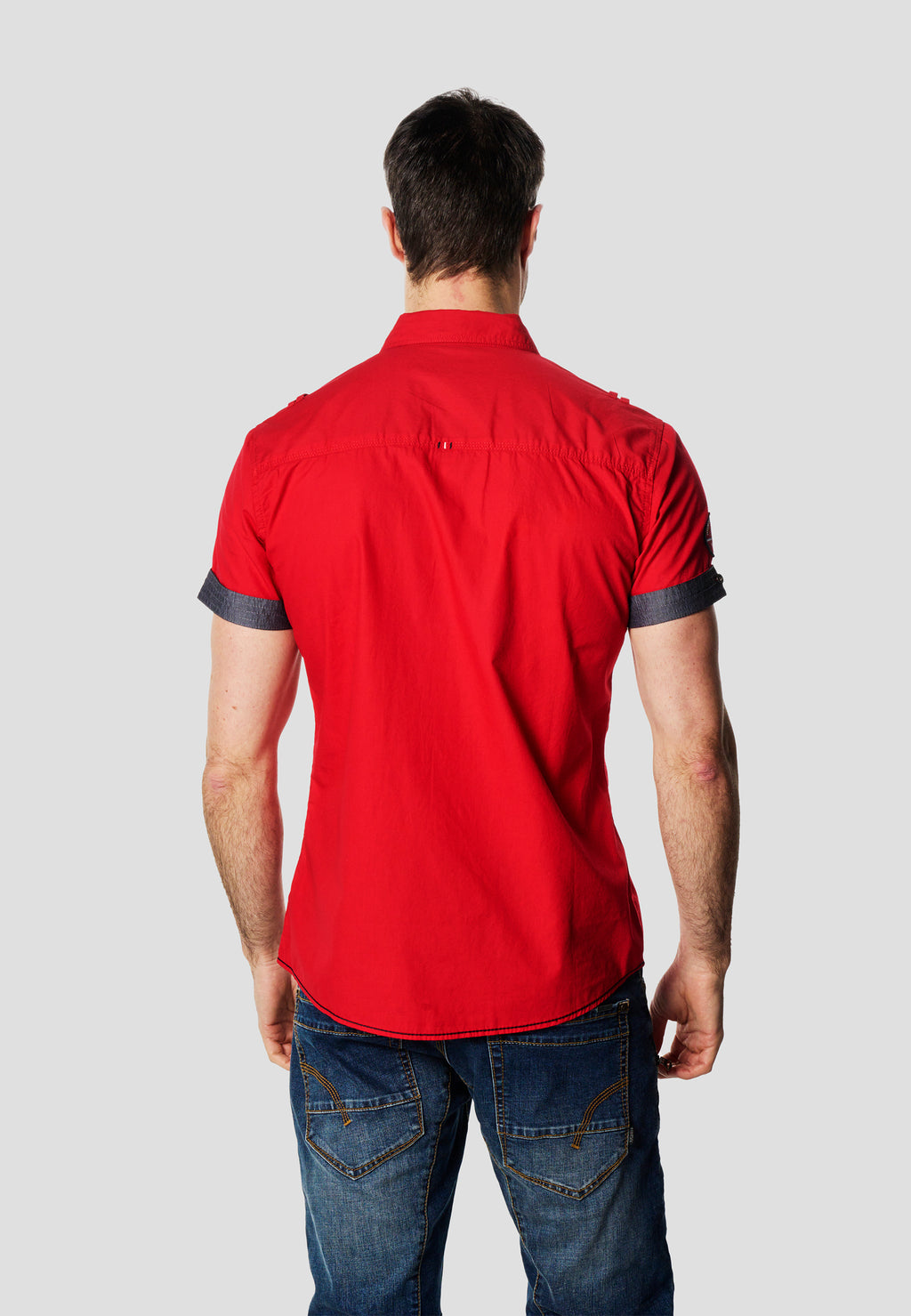 Red men's nautical poplin multipocket short sleeve shirt - Koroshi 2611CC01