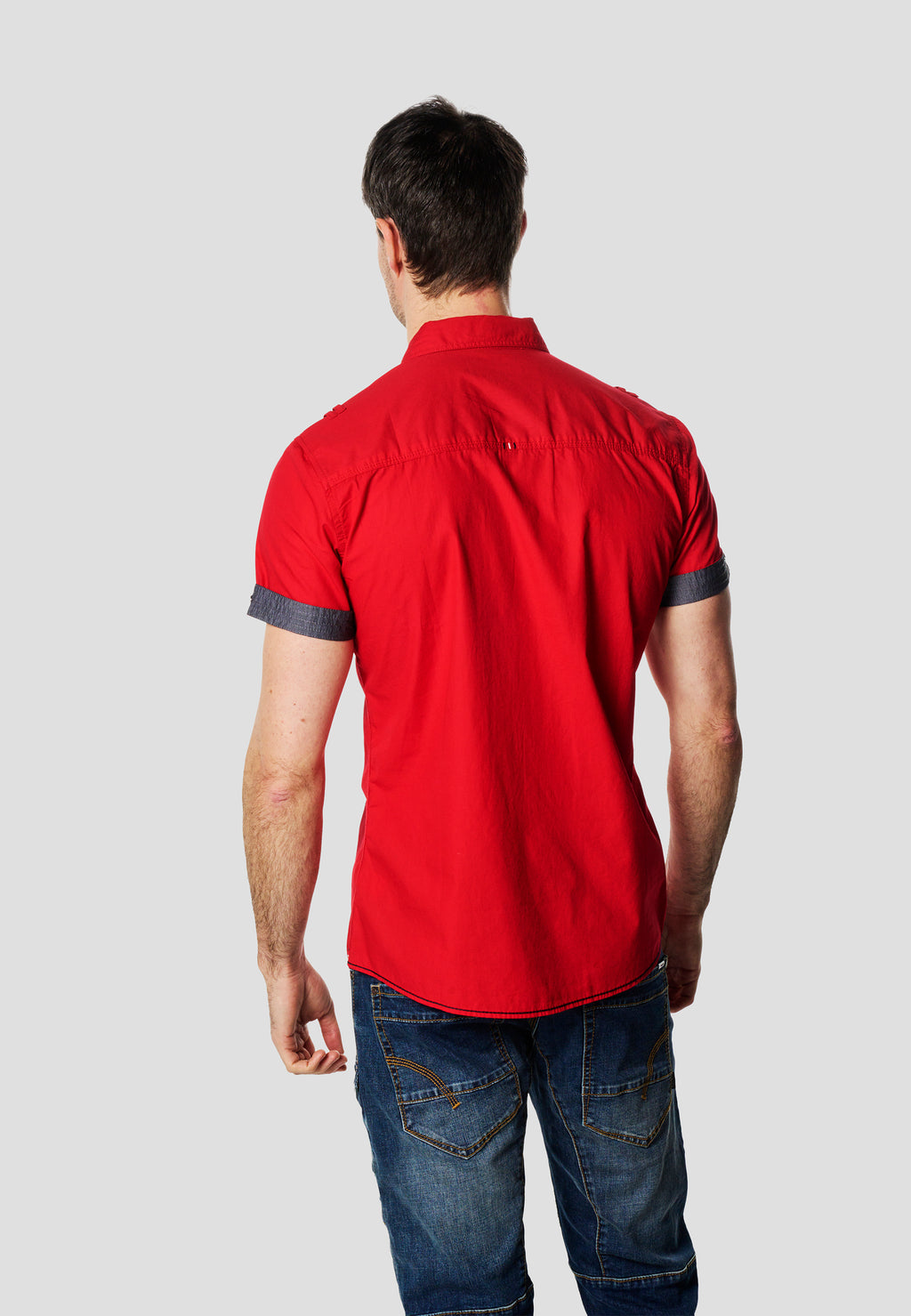 Red men's nautical poplin multipocket short sleeve shirt - Koroshi 2611CC01