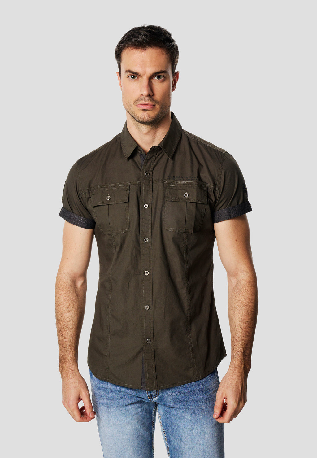 Camisa manga corta multipockets popelín náutico hombre kaki - Koroshi 2611CC04