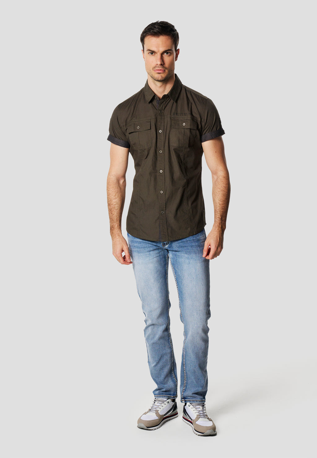 Camisa manga corta multipockets popelín náutico hombre kaki - Koroshi 2611CC04