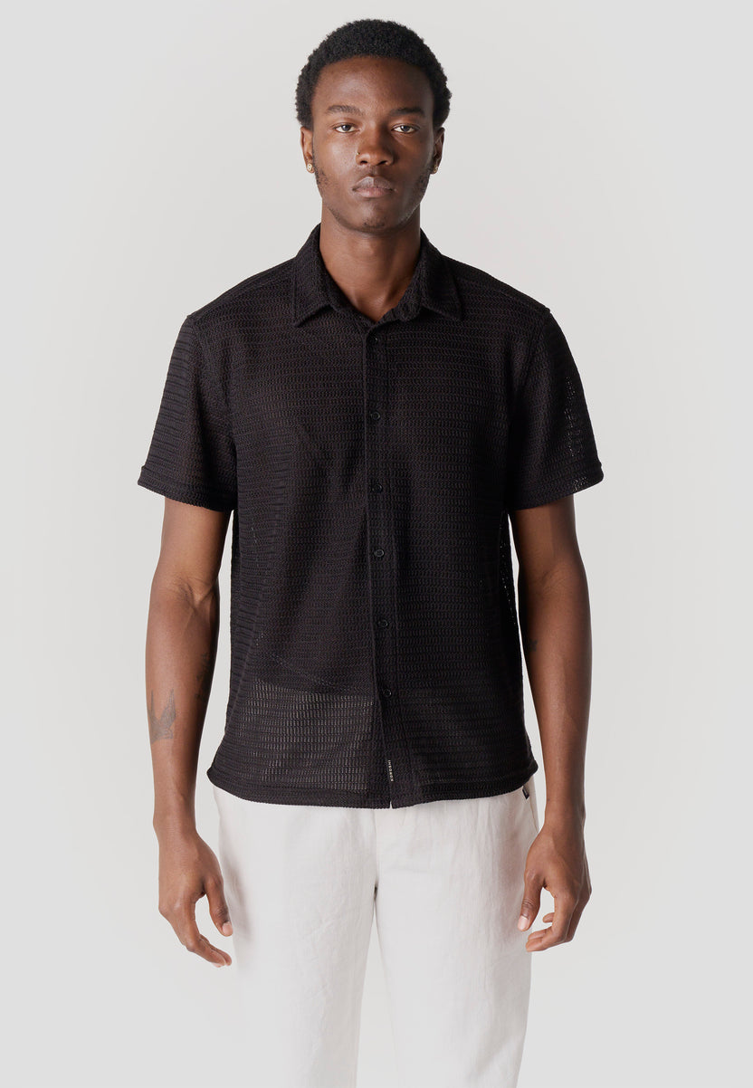 Camicia casual da uomo a maniche corte in cotone rilassato nera - Koroshi 2611CC19