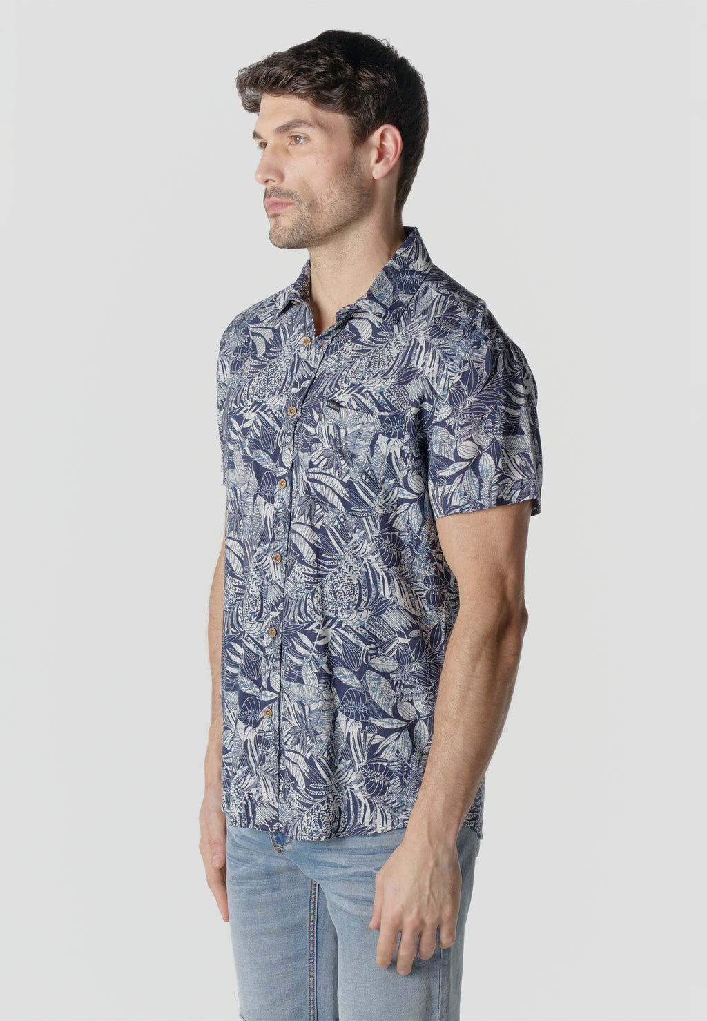 Camicia blu da uomo a manica corta in viscosa stampa tropicale - Koroshi 2611CC37