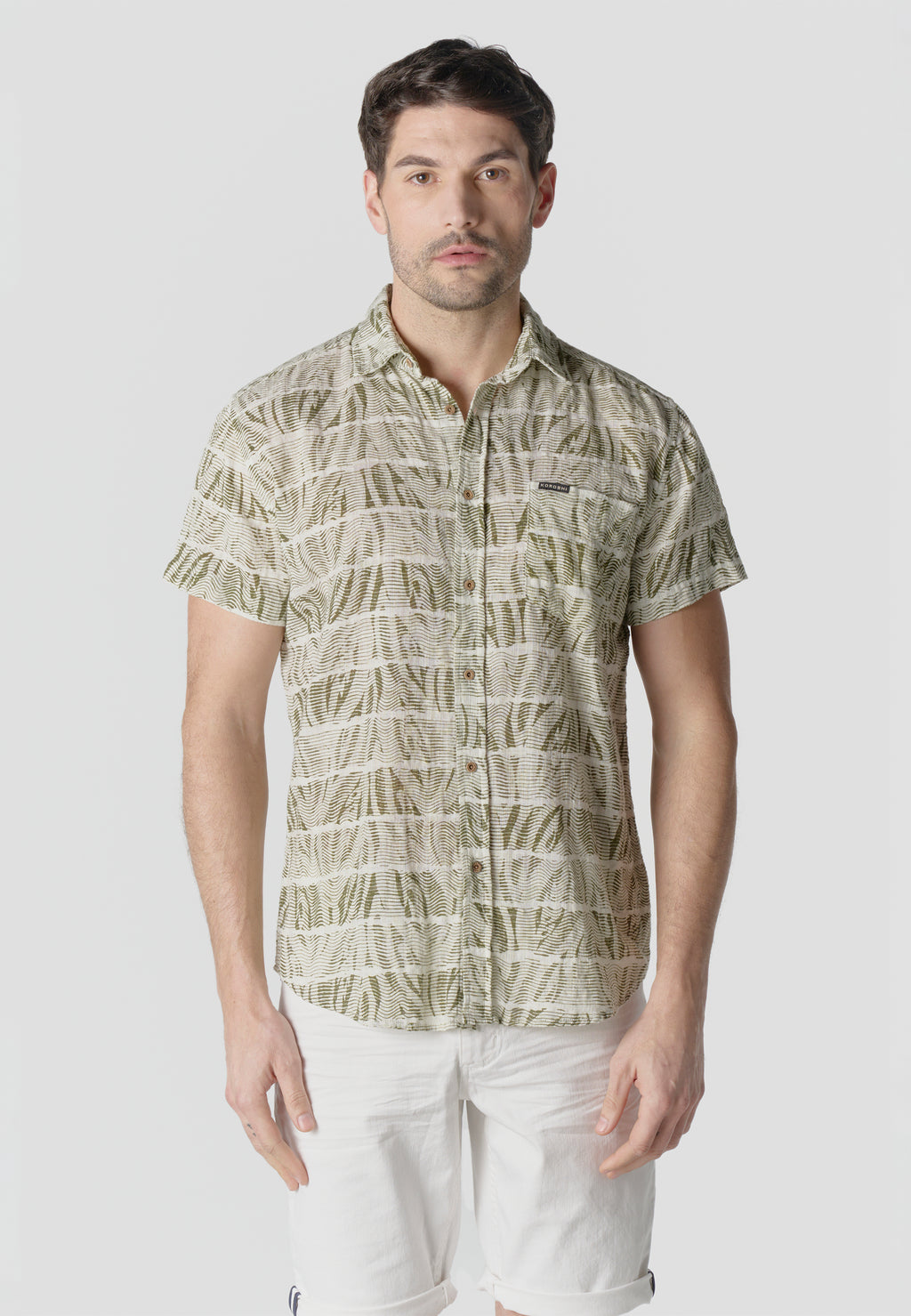 Camicia da uomo kaki a maniche corte in cotone fiammato stampato - Koroshi 2611CC42