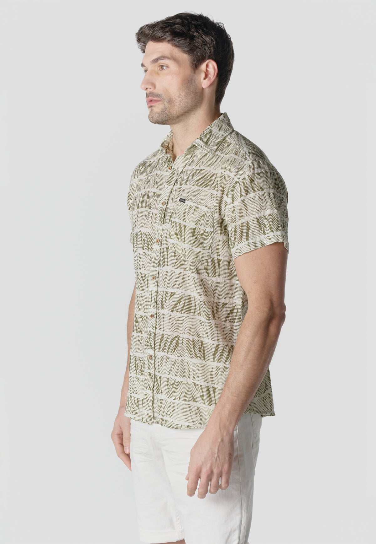 Camicia da uomo kaki a maniche corte in cotone fiammato stampato - Koroshi 2611CC42
