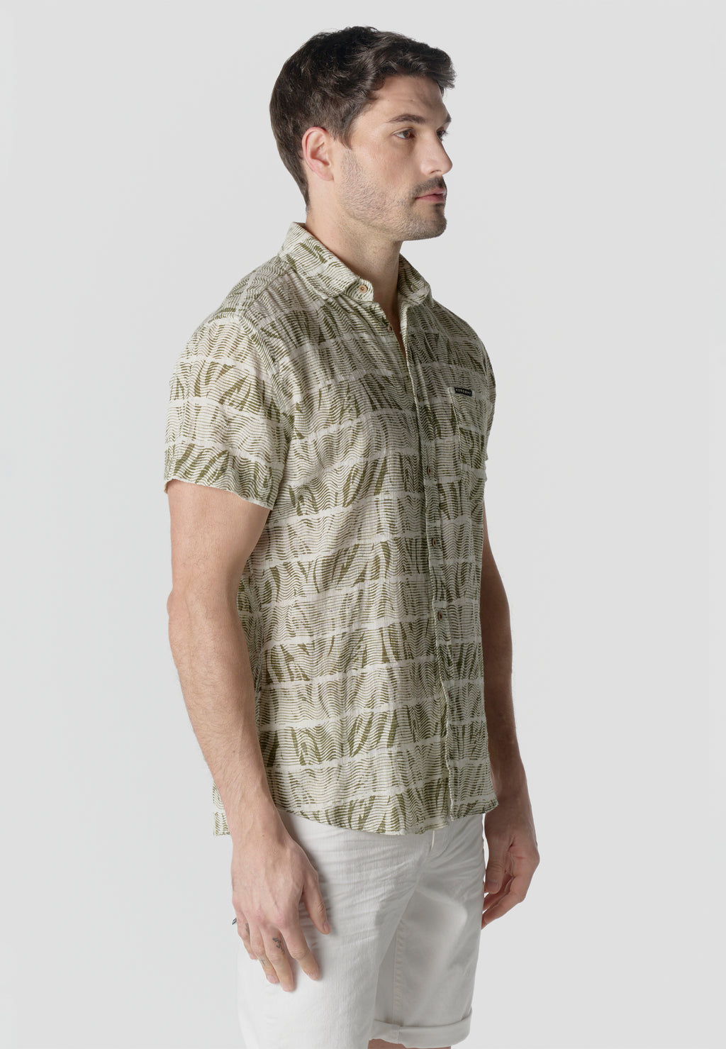 Camicia da uomo kaki a maniche corte in cotone fiammato stampato - Koroshi 2611CC42
