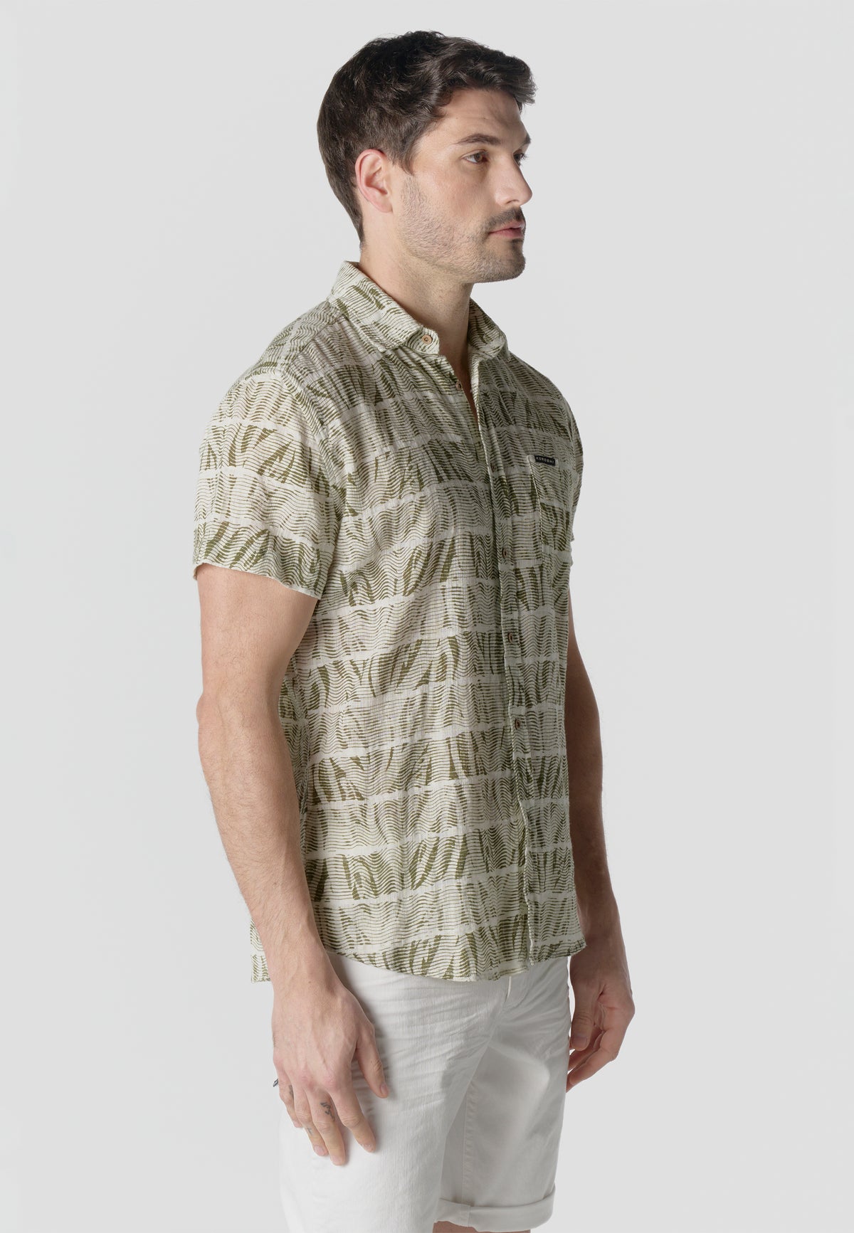 Camicia da uomo kaki a maniche corte in cotone fiammato stampato - Koroshi 2611CC42