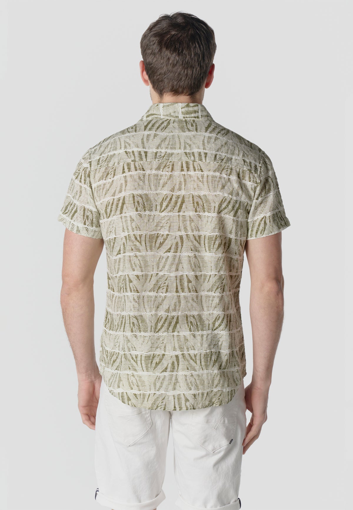 Camicia da uomo kaki a maniche corte in cotone fiammato stampato - Koroshi 2611CC42