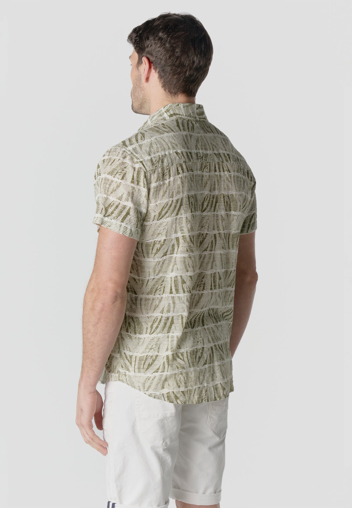 Camicia da uomo kaki a maniche corte in cotone fiammato stampato - Koroshi 2611CC42