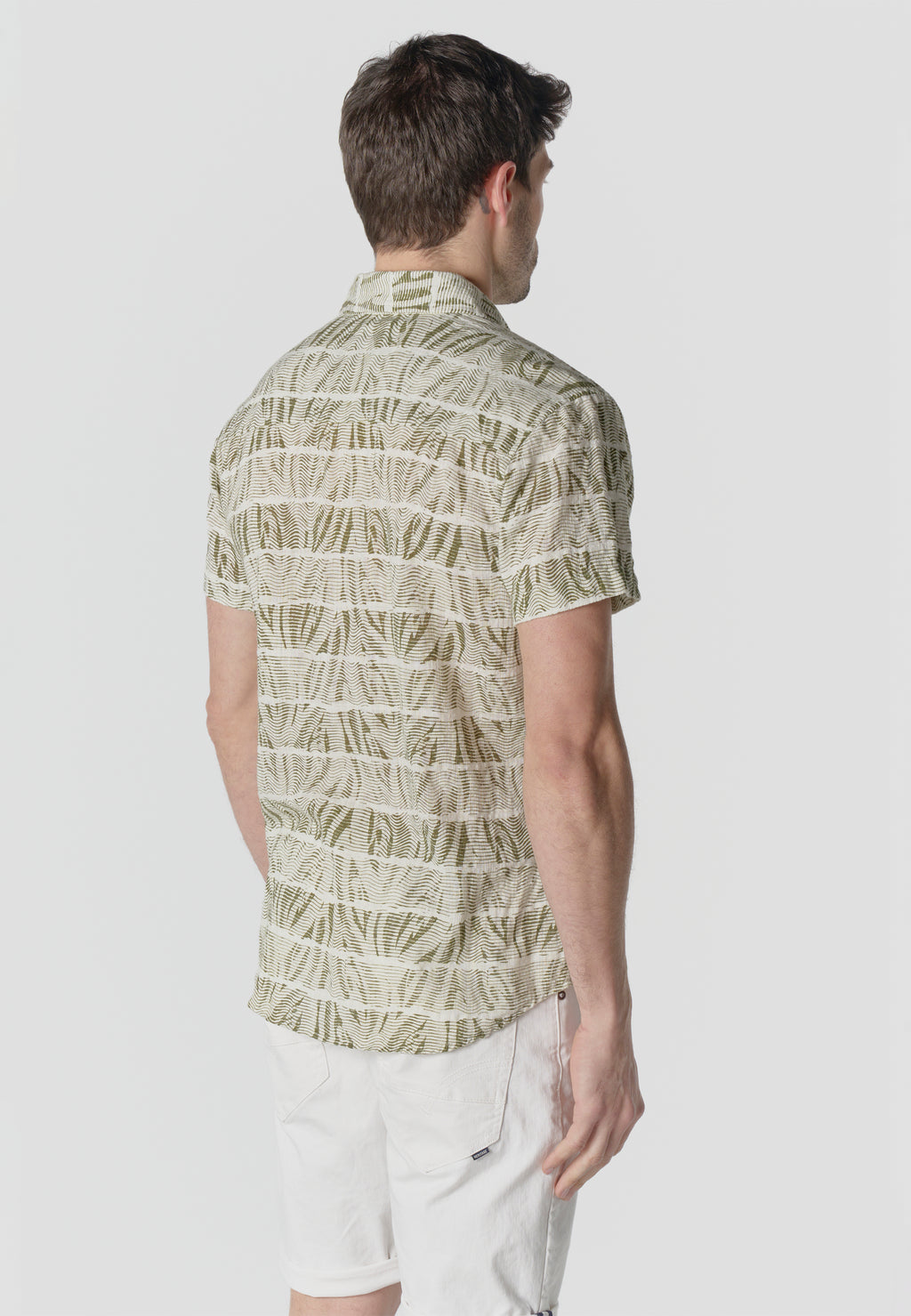 Camicia da uomo kaki a maniche corte in cotone fiammato stampato - Koroshi 2611CC42