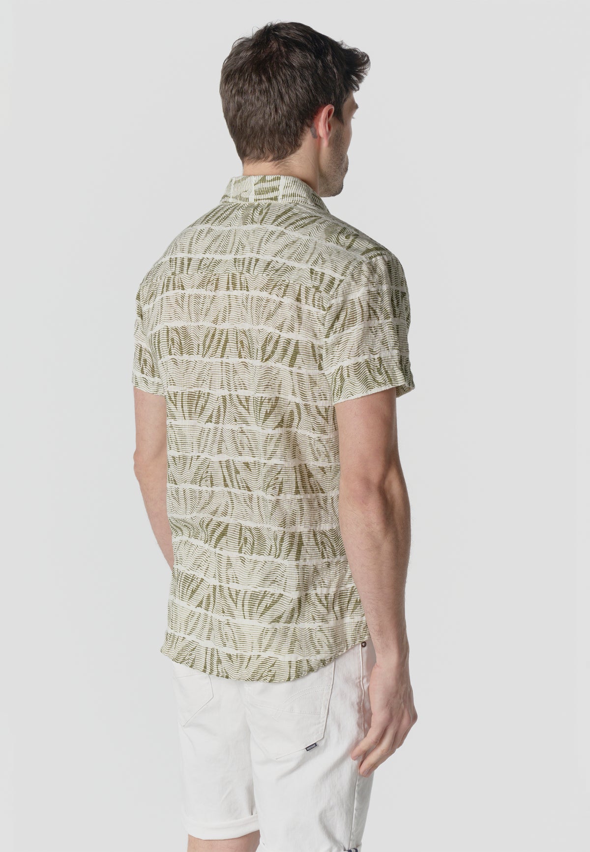 Camicia da uomo kaki a maniche corte in cotone fiammato stampato - Koroshi 2611CC42