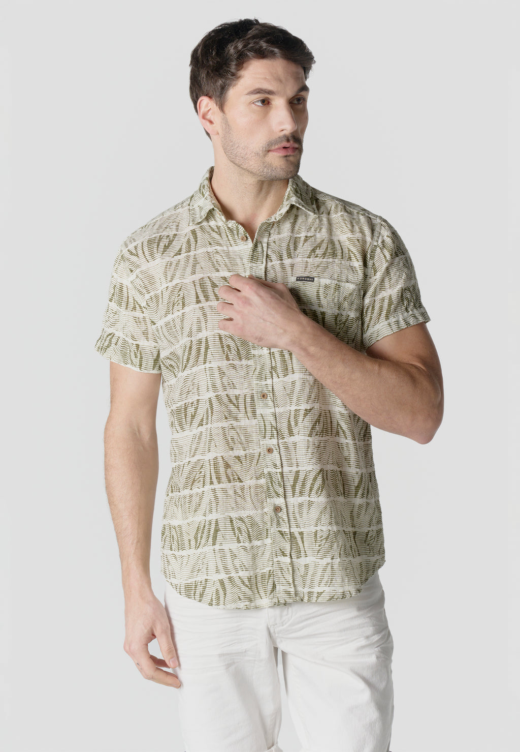 Camicia da uomo kaki a maniche corte in cotone fiammato stampato - Koroshi 2611CC42