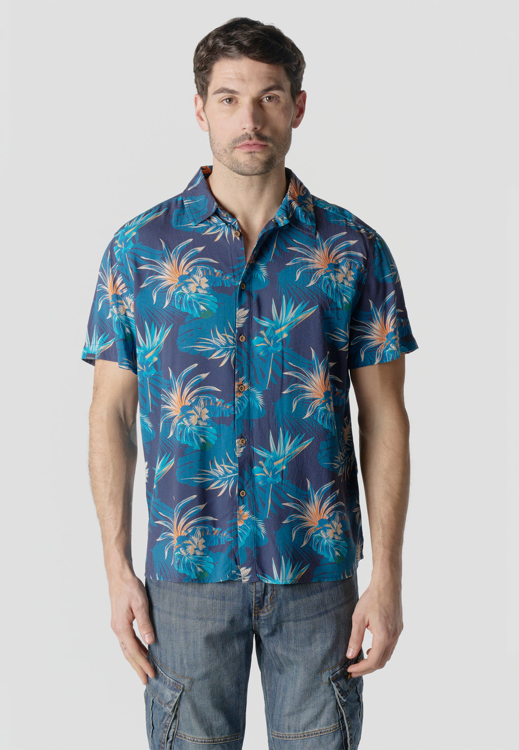 Camisa relaxed estampado étnico azteca viscosa manga corta hombre azul - Koroshi 2611CC49
