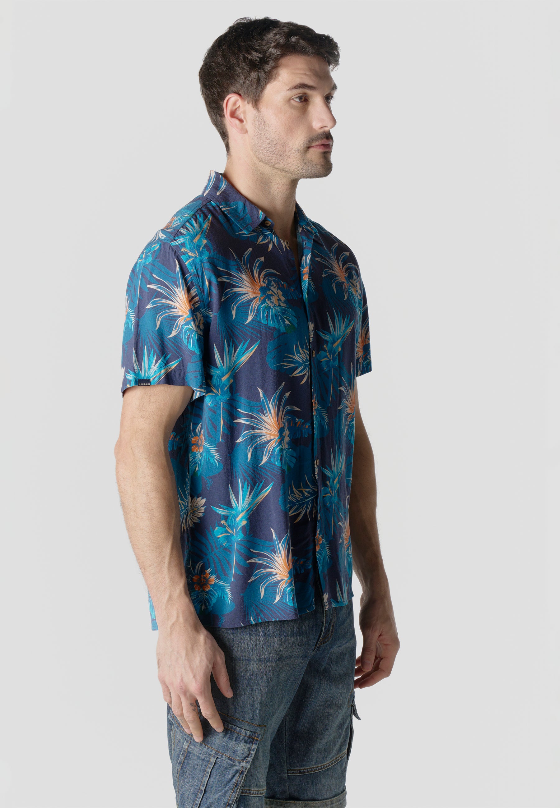 Camisa relaxed estampado étnico azteca viscosa manga corta hombre azul - Koroshi 2611CC49