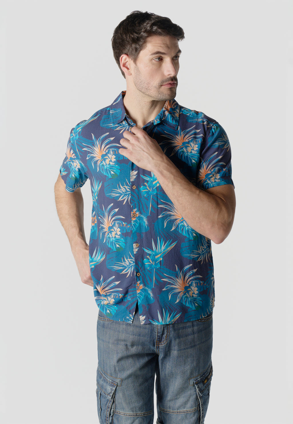 Camisa relaxed estampado étnico azteca viscosa manga corta hombre azul - Koroshi 2611CC49