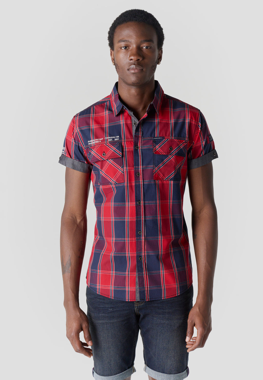 Red men's short-sleeved poplin checkered shirt - Koroshi 2611CC57