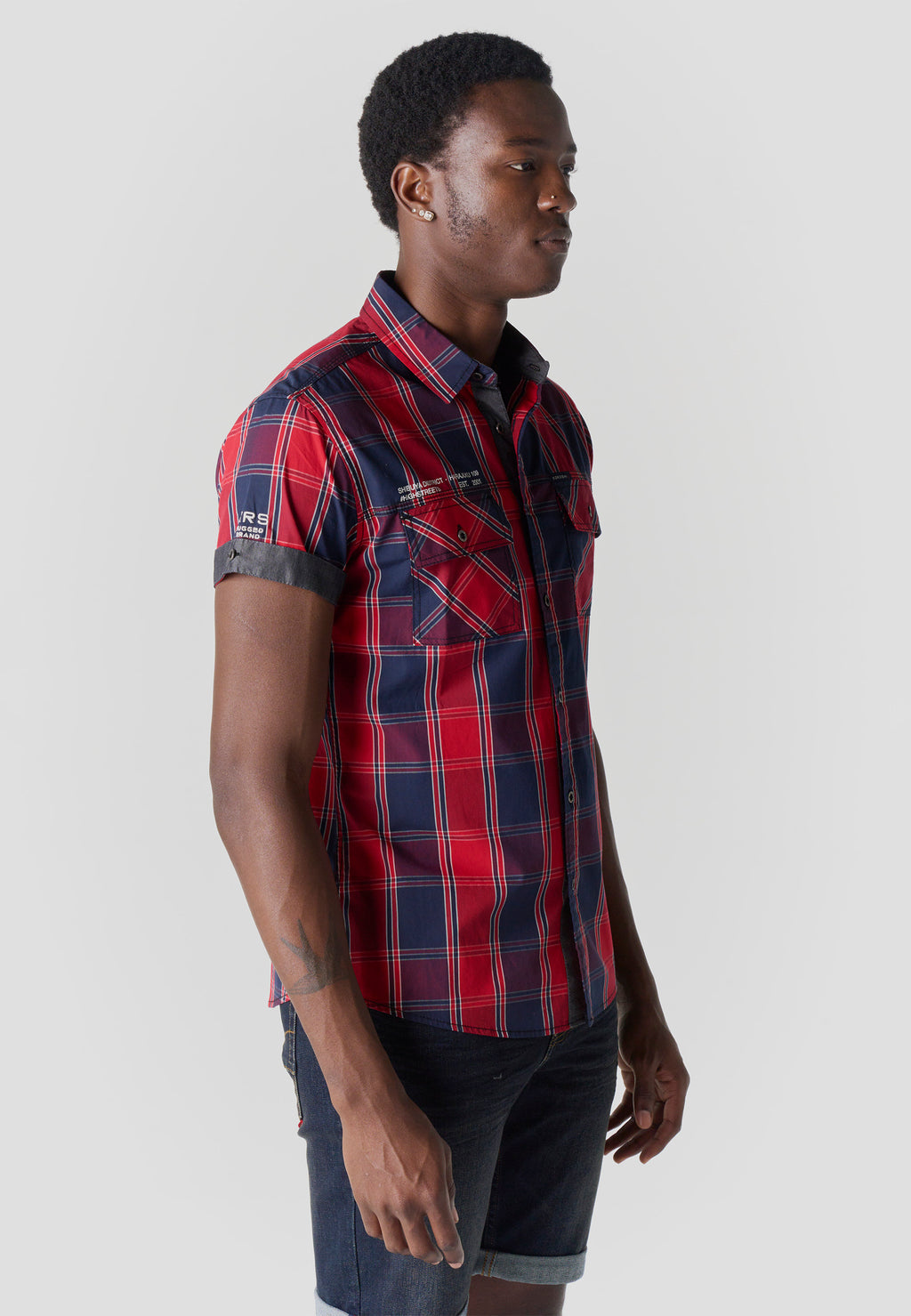 Red men's short-sleeved poplin checkered shirt - Koroshi 2611CC57
