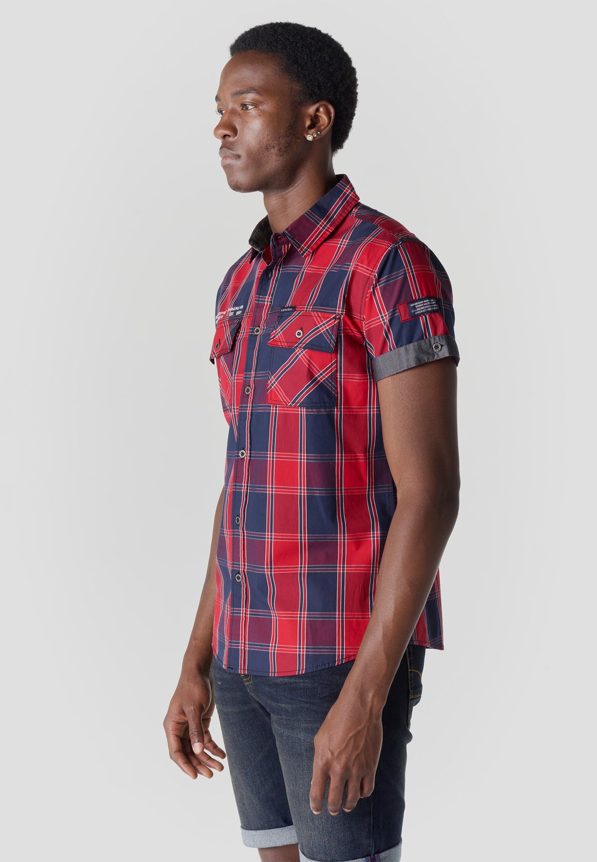 Red men's short-sleeved poplin checkered shirt - Koroshi 2611CC57