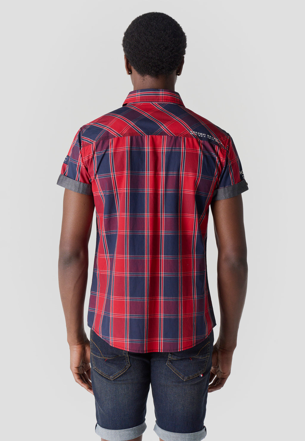 Red men's short-sleeved poplin checkered shirt - Koroshi 2611CC57