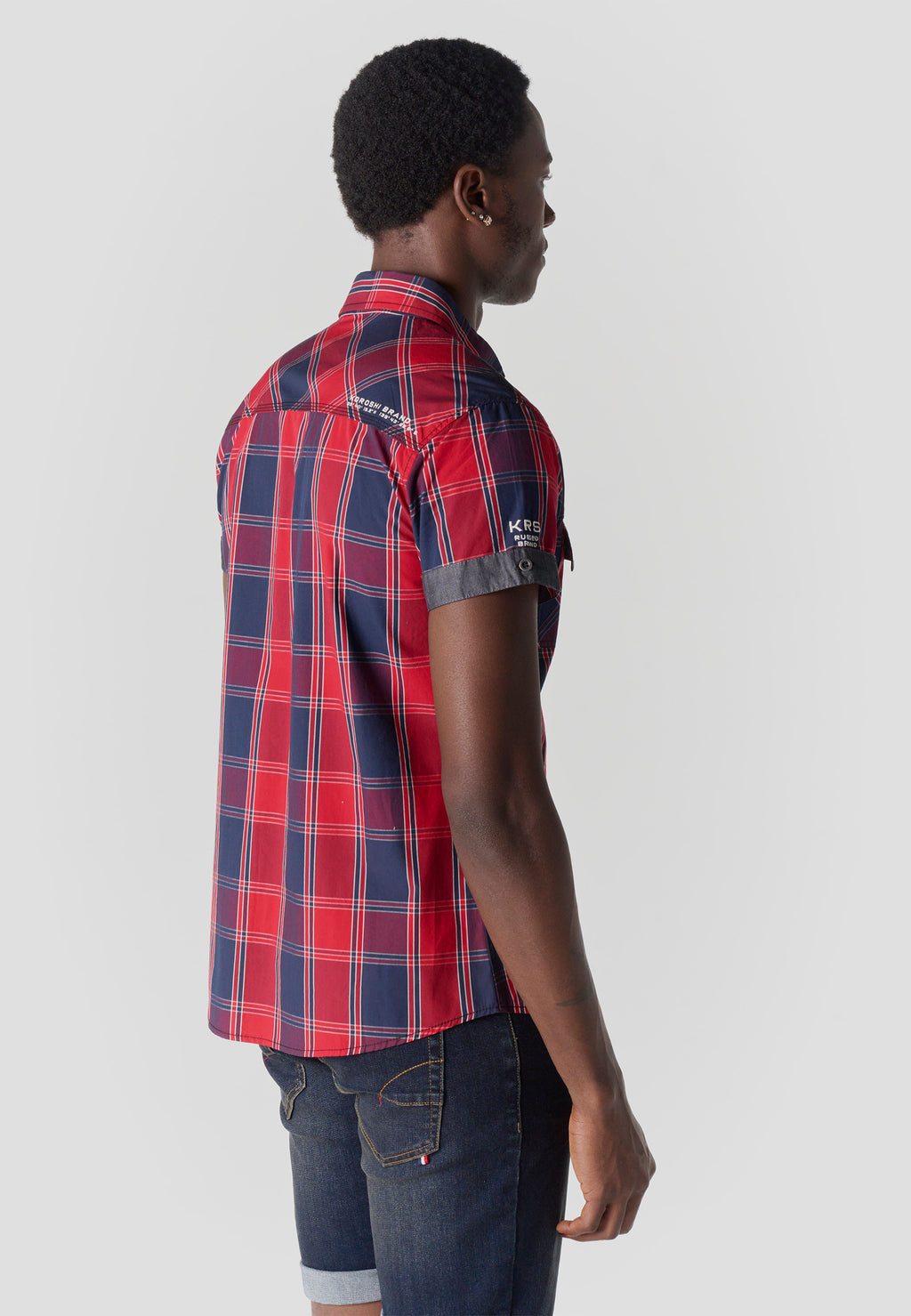 Red men's short-sleeved poplin checkered shirt - Koroshi 2611CC57