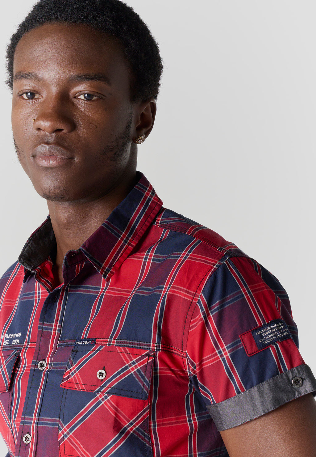 Red men's short-sleeved poplin checkered shirt - Koroshi 2611CC57