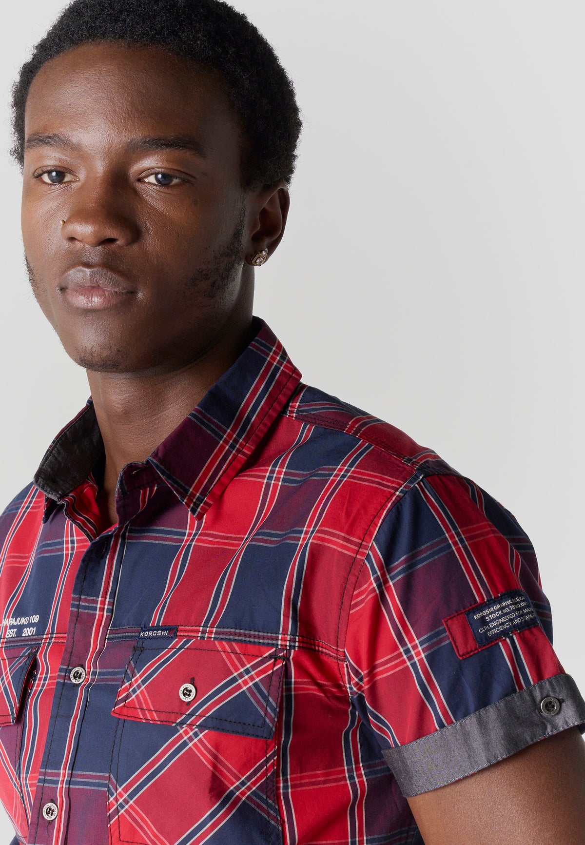 Red men's short-sleeved poplin checkered shirt - Koroshi 2611CC57