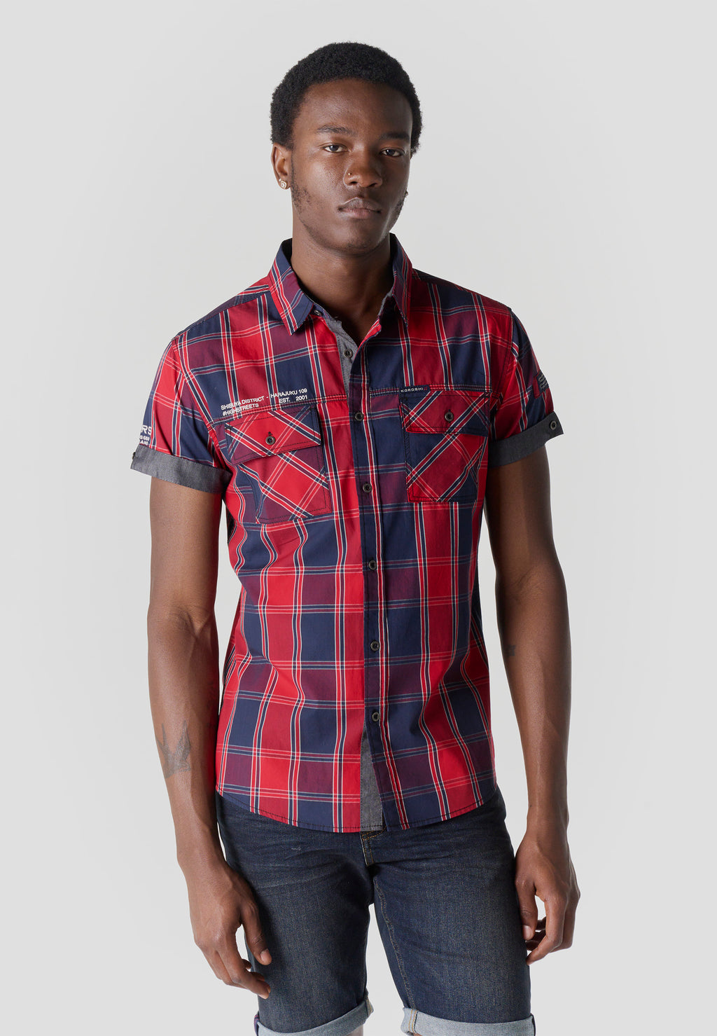 Red men's short-sleeved poplin checkered shirt - Koroshi 2611CC57