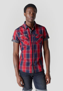 Chemise à carreaux en popeline manches courtes homme rouge - Koroshi 2611CC57