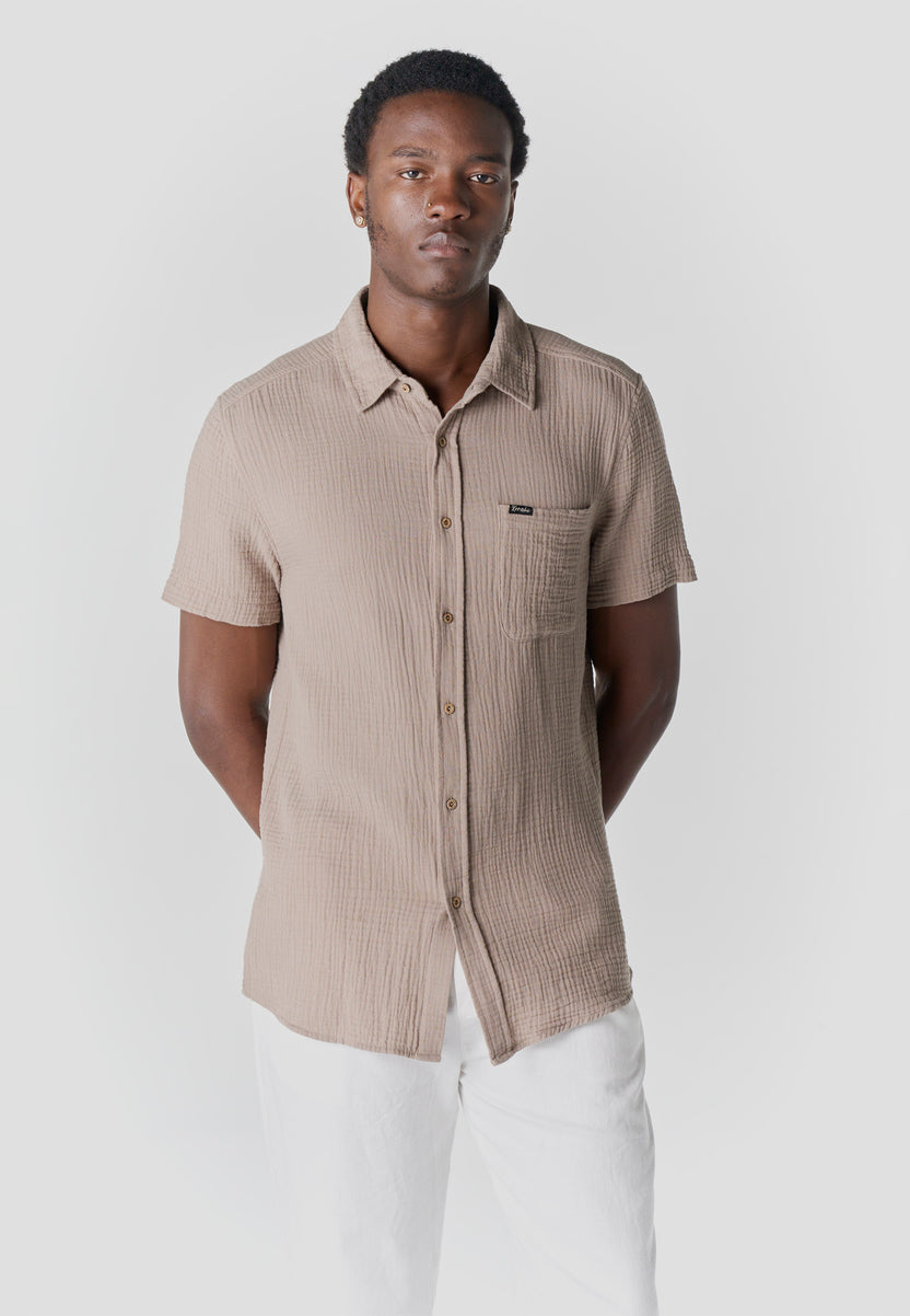 Relaxed casual shirt textured cotton short sleeve men's mink - Koroshi 2611CC59