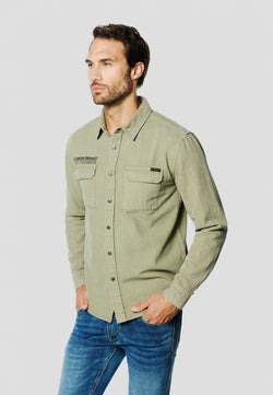 Khakifarbenes, langärmliges Baumwoll-Overshirt für Herren – Koroshi 2611CL03