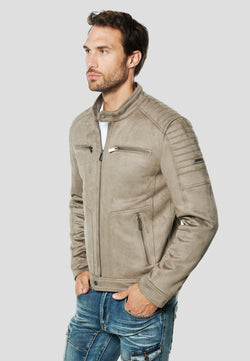 Steinige Herren-Bikerjacke mit Stehkragen und Ledereffekt – Koroshi 2611JA02
