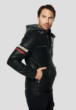 Men's black leather effect biker jacket with removable hood - Koroshi 2611JA04