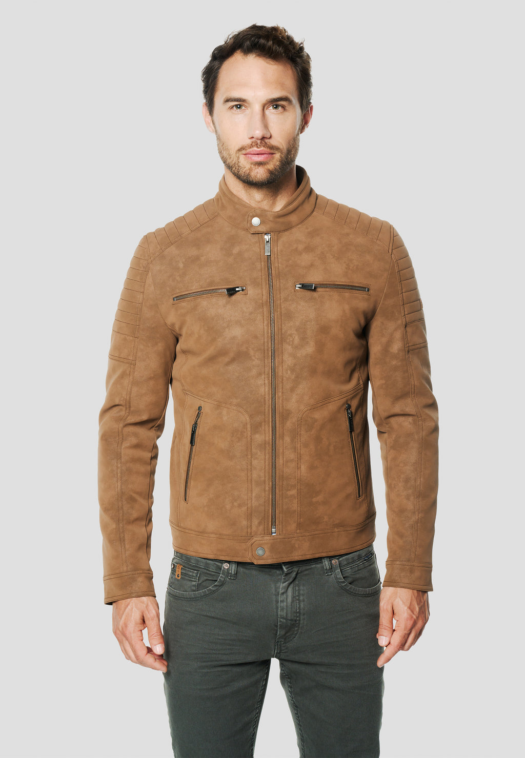 Braune Herren-Bikerjacke mit Wildledereffekt – Koroshi 2611JA11