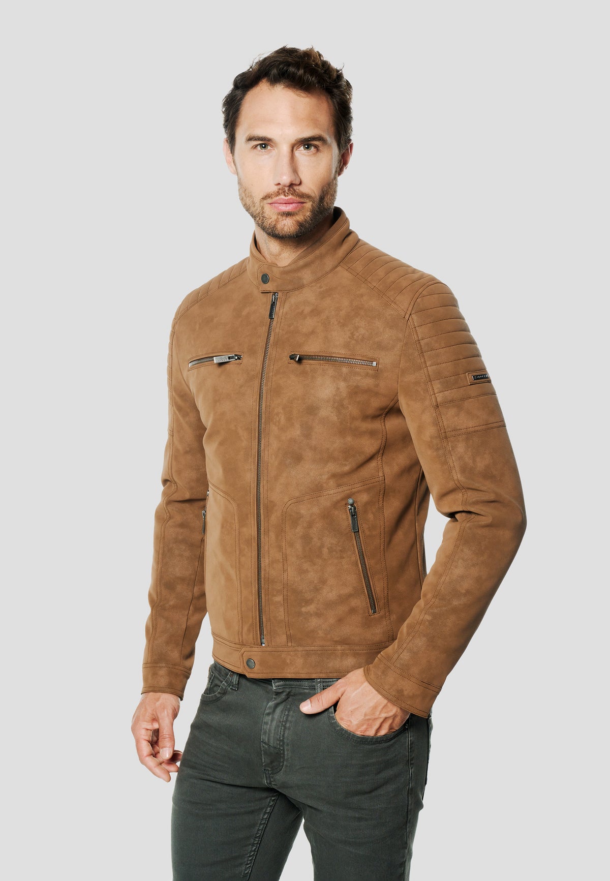 Braune Herren-Bikerjacke mit Wildledereffekt – Koroshi 2611JA11