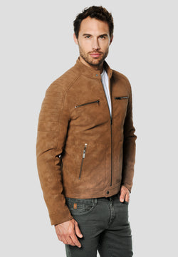 Men's tan suede effect biker jacket - Koroshi 2611JA11