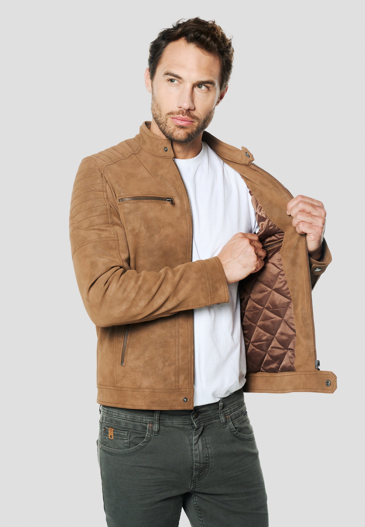 Braune Herren-Bikerjacke mit Wildledereffekt – Koroshi 2611JA11