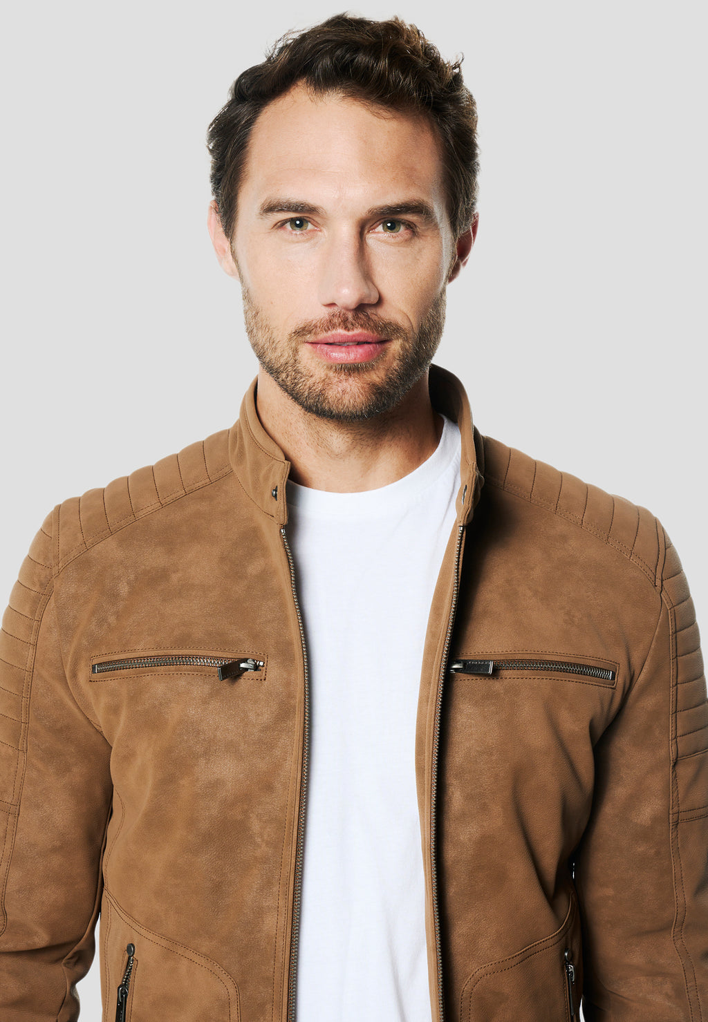 Braune Herren-Bikerjacke mit Wildledereffekt – Koroshi 2611JA11