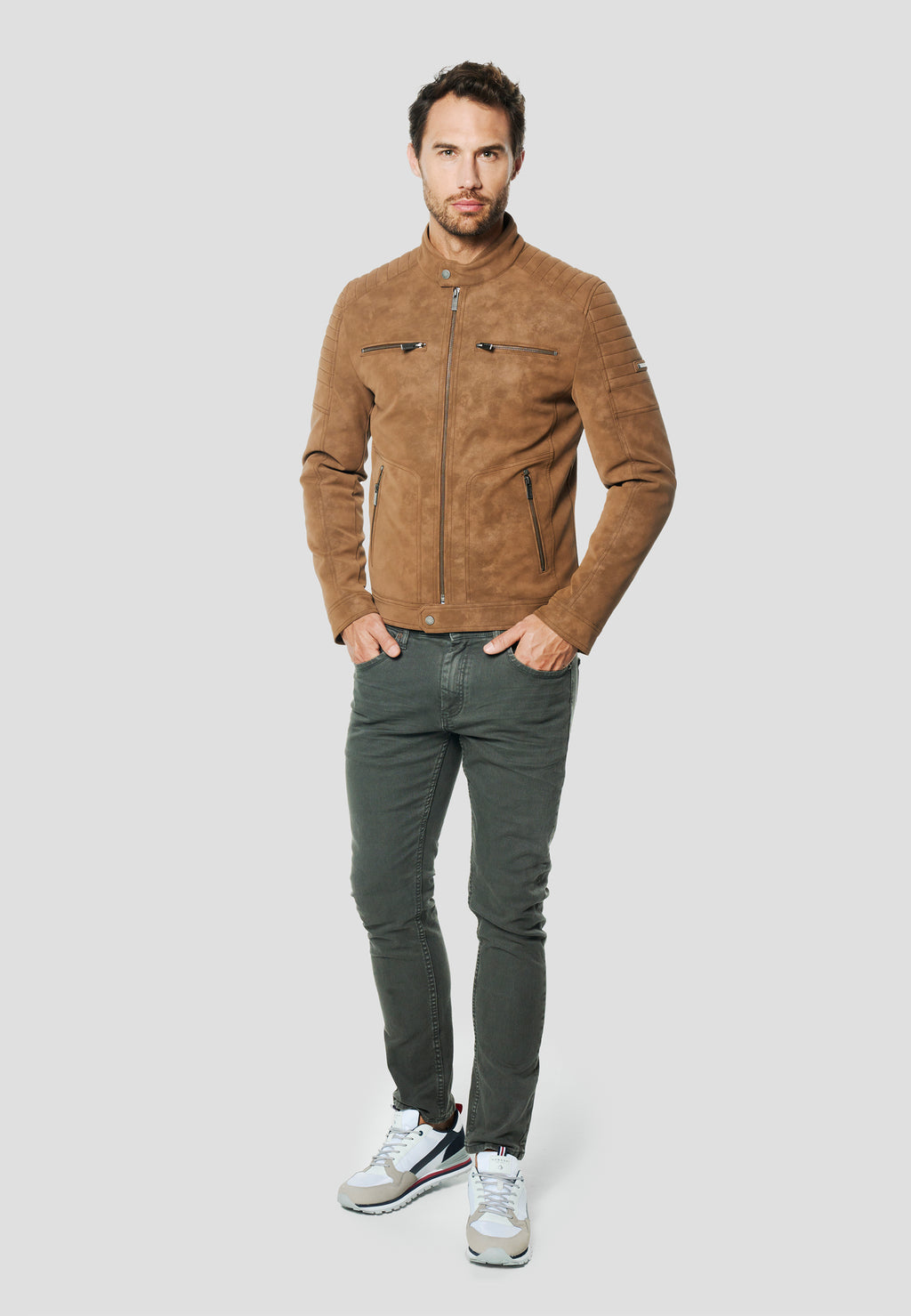 Braune Herren-Bikerjacke mit Wildledereffekt – Koroshi 2611JA11