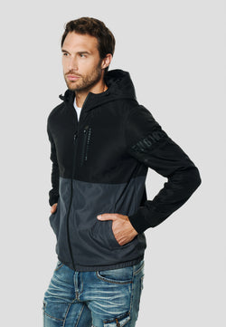 Leichte technische Kapuzenjacke mit Farbblock-Design für Herren, Schwarz – Koroshi 2611JA42