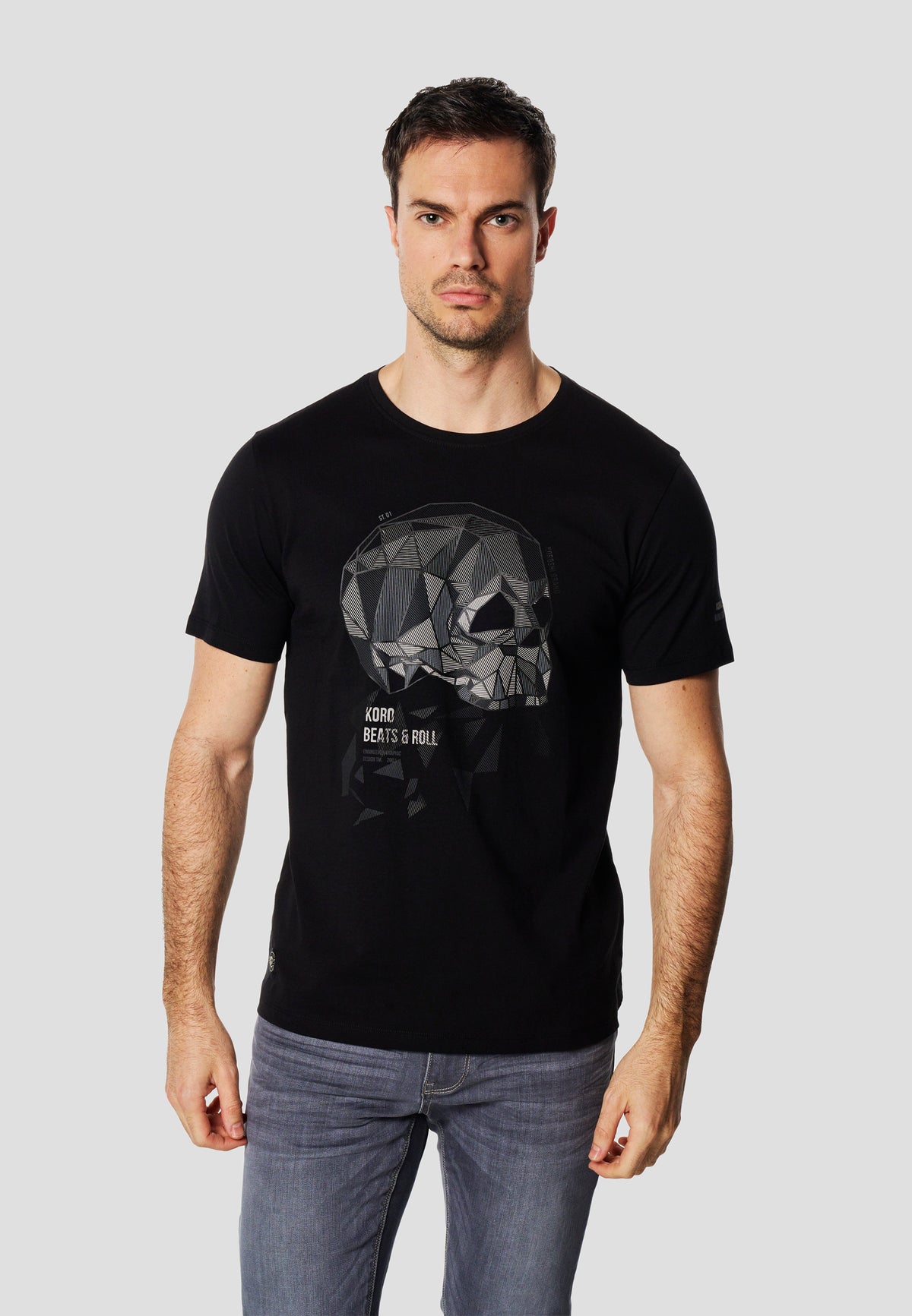 Kurzärmliges Herren-T-Shirt mit geometrischem Totenkopf-Print, Schwarz – Koroshi 2611MC15