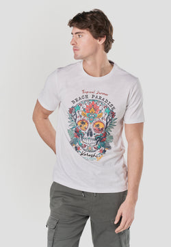 White men's short sleeve tropical skull print t-shirt - Koroshi 2611MC19