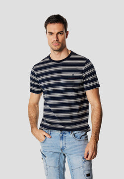 Striped embroidered chest short sleeve men's t-shirt navy - Koroshi 2611MC31