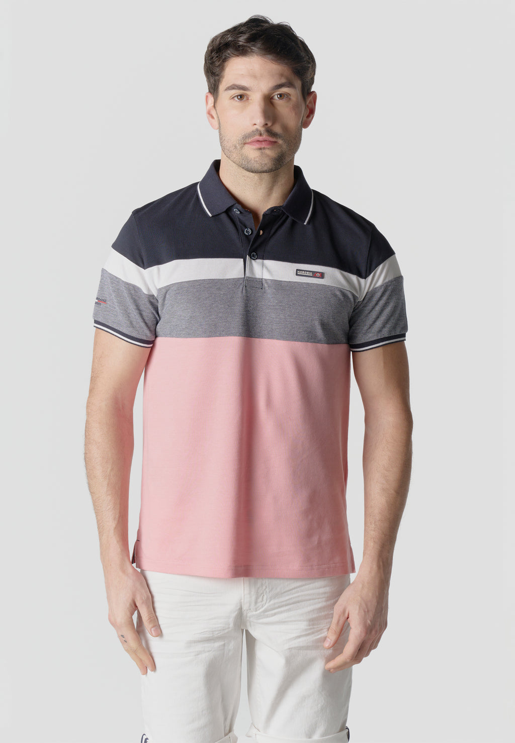Polo homme piqué rayé color block manches courtes rose - Koroshi 2611PC14