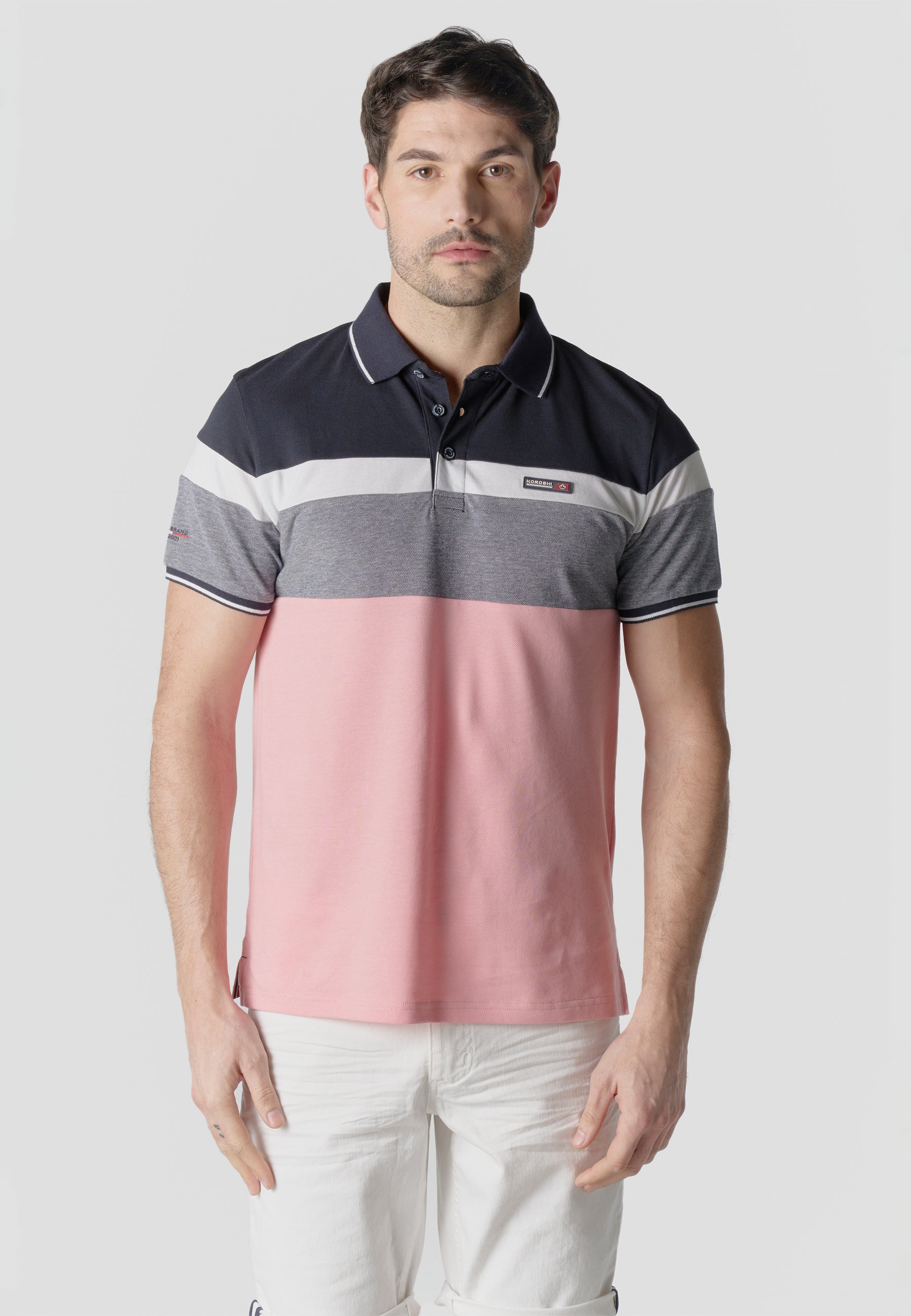 Polo homme piqué rayé color block manches courtes rose - Koroshi 2611PC14